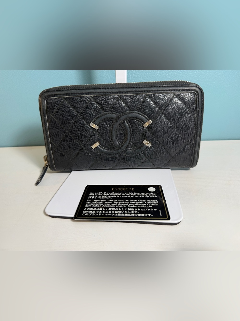 Chanel CC Filigree Long Zip Around Wallet – Black Caviar Leather- W/Black Card